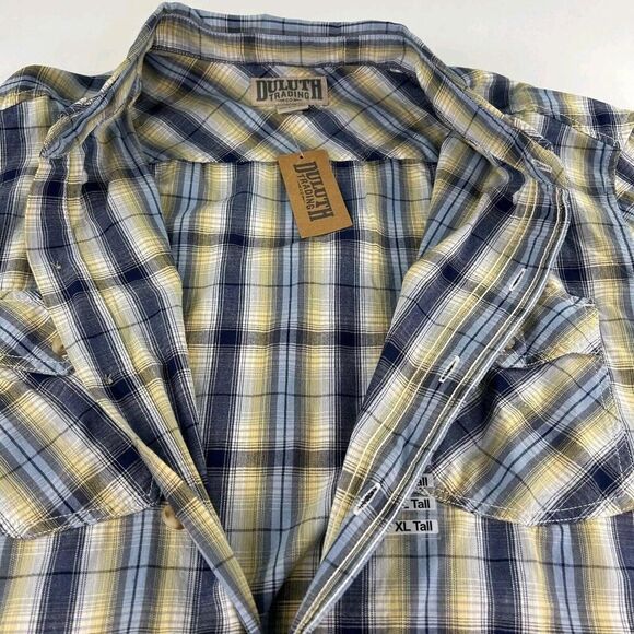 Duluth Trading Co Mens Button Front Shirt Size XL Tall Brown Plaid Short Sleeve - Picture 7 of 9